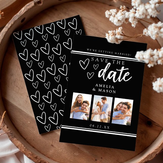 Svart och vit modern fotokollage Spara datum Datumet (Black and White Modern Photo Collage Save the Date)