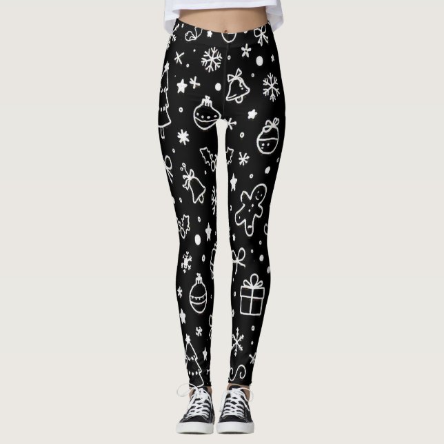 Svart och vit modern juldoodle leggings (Framsida)