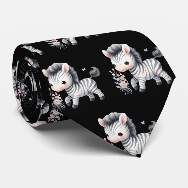 Svart och vit modern Kawaii söt sebra Slips (Rullad)