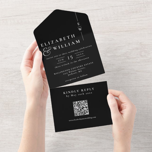 Svart och vit modern monogram QR-kod bröllop (Avrivbar del)