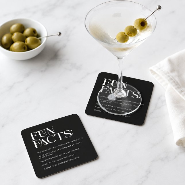 Svart och vit modern roliga fakta bröllop underlägg papper kvadrat (Black and White Modern Fun Facts Wedding Square Paper Coaster)