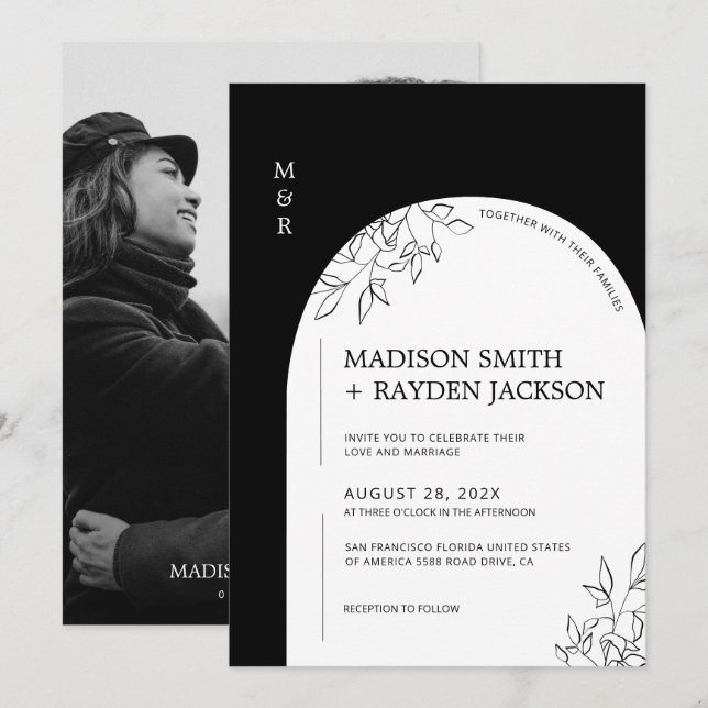 Svart och vit Modern Simple Arch Bröllop Inbjudningar (Fram/baksida)