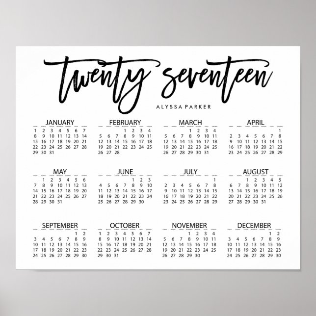 Svart och vit modern typografi 2017 kalender poster (Framsidan)