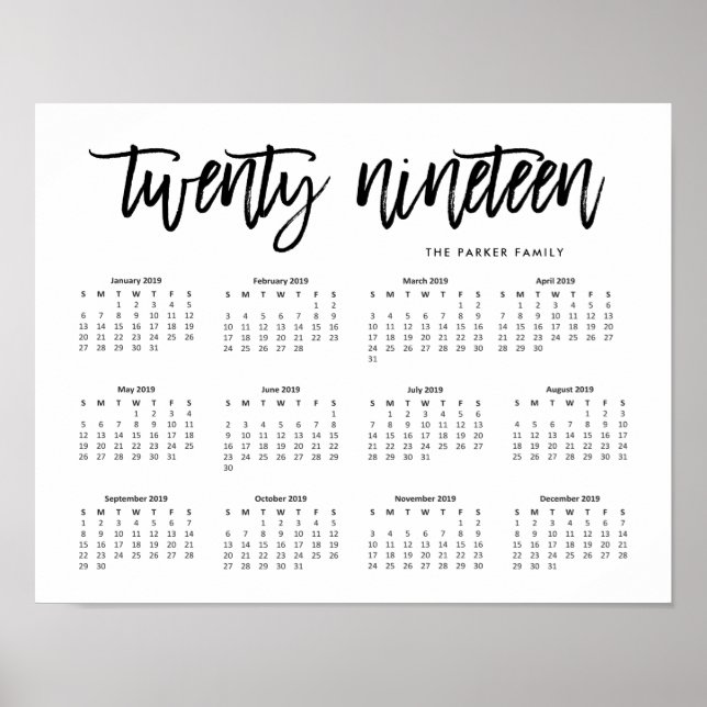 Svart och vit modern typografi 2019 kalender poster (Framsidan)
