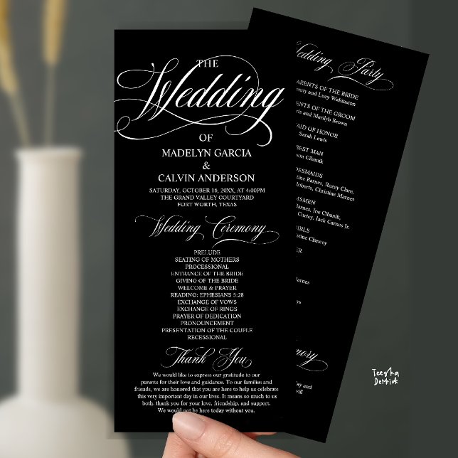 Svart och vit modernt manus allt-i-ett bröllop program (Modern Script All In One Wedding Program Card in Black and White)