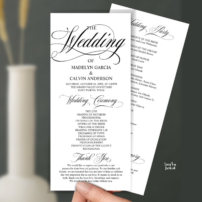 Svart och vit modernt manus allt-i-ett bröllop program (Modern Script All In One Wedding Program Card in Black and White)