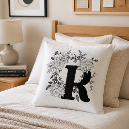 Svart och vit monogram blomsterkudde kudde