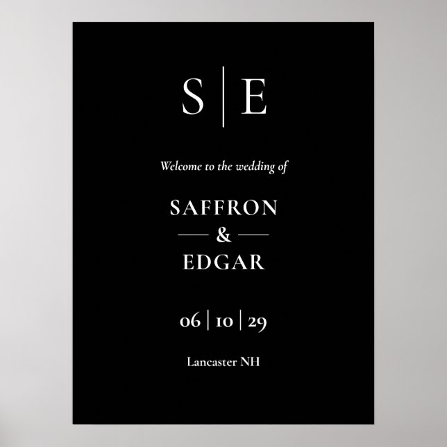 Svart och vit monogram bröllops välkomstskylt poster (Framsidan)