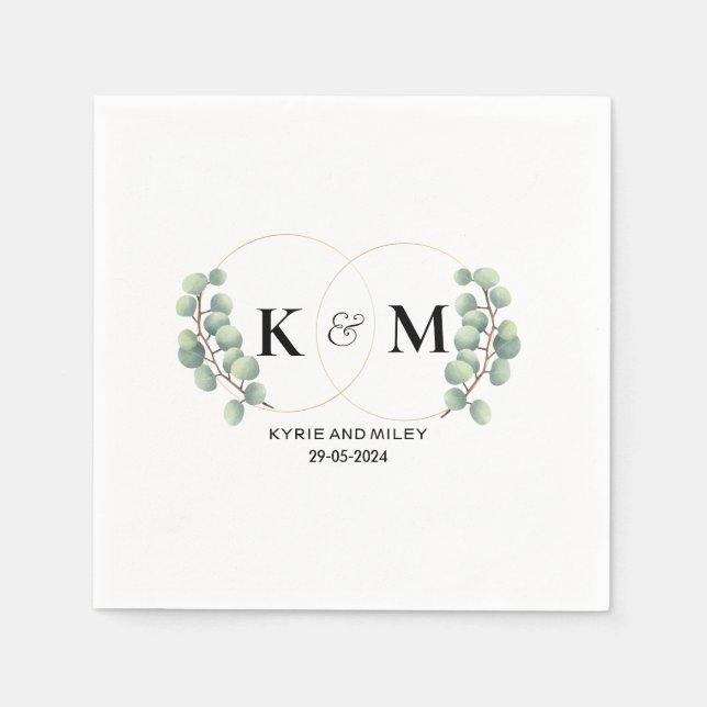 svart och vit monogram eukalyptus bröllop pappersservett (Framsidan)