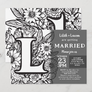 Svart och vit monogram L Tattoo blommor bröllop Inbjudningar
