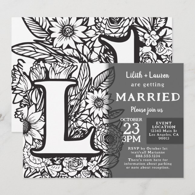 Svart och vit monogram L Tattoo blommor bröllop Inbjudningar (Fram/baksida)