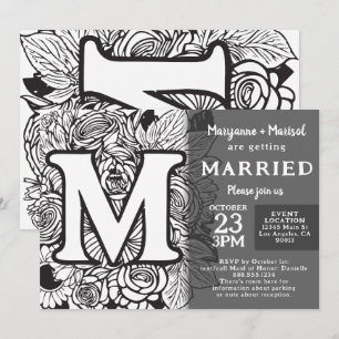 Svart och vit monogram M tatuering blommor bröllop Inbjudningar