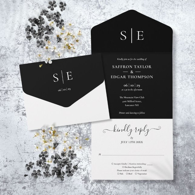 Svart Och Vit Monogram Minimalistisk Bröllopsinbju (Black And White Monogram Minimalist Wedding All In One Invitation)