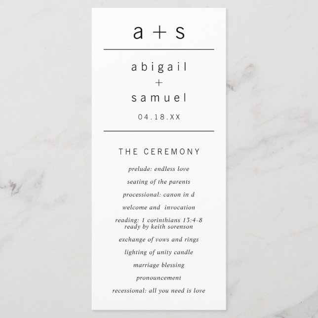 Svart och vit monogram modern minimalistisk bröllo program (Framsida)