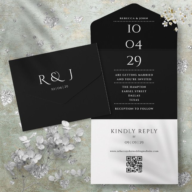 Svart och vit monogram QR-kod vigsel datum (Black An White Monogram QR Code Wedding Date All In One Invitation)
