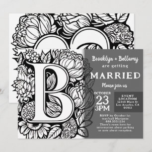 Svart och vit monogram tatueringsblommor bröllop inbjudningar