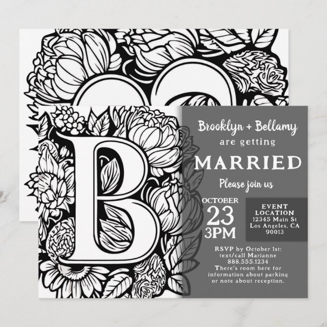 Svart och vit monogram tatueringsblommor bröllop inbjudningar (Fram/baksida)