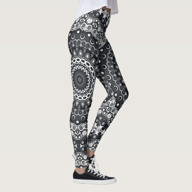 Svart och vit monokrom mandalamönster leggings (Höger)