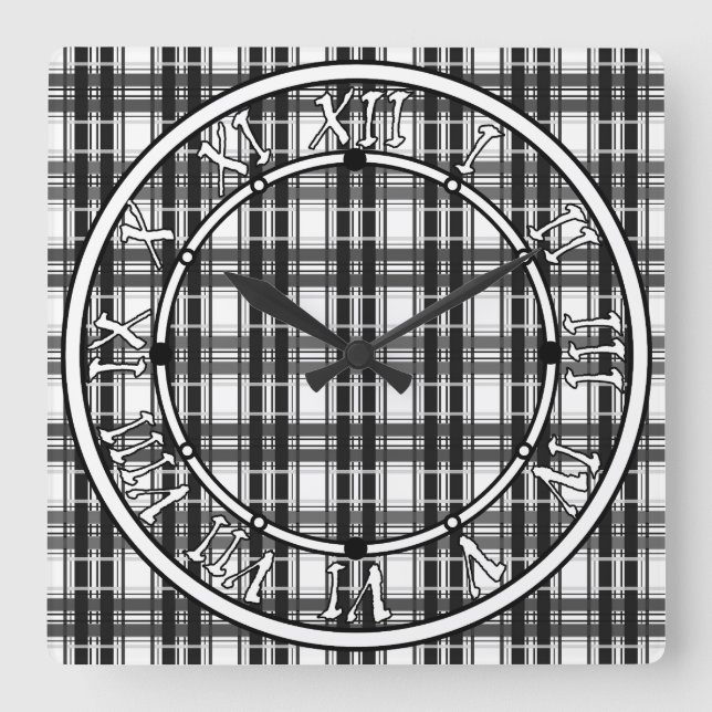 Svart och vit mönster Tartan-geometri kontrollerad Fyrkantig Klocka (Framsida)
