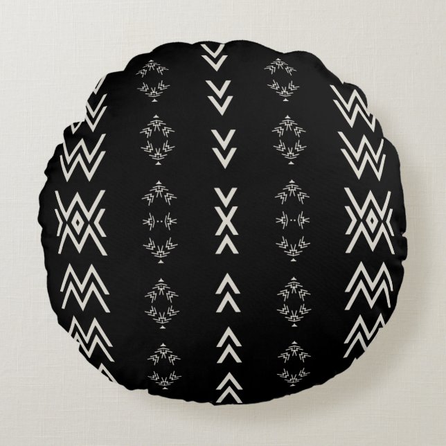Svart och vit mudcloth rund kudde (Framsidan)
