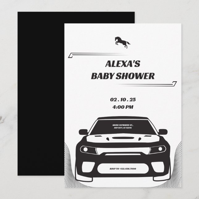 Svart och vit Mustang Car Baby Shower-inbjudan Inbjudningar (Fram/baksida)