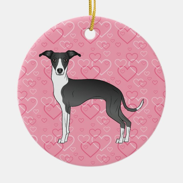 Svart och vit ojust Hund Rosa Hearts Pet Memorial Julgransprydnad Keramik (Framsidan)