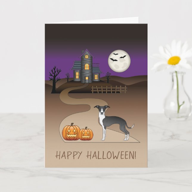 Svart och vit ojust och halloween hemsökt hus kort (Liten växt)