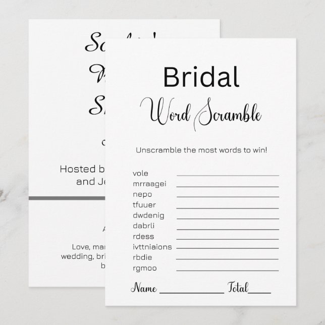 Svart och vit Ord-skramble-spel för Möhippa Inbjudningar (Fram/baksida)