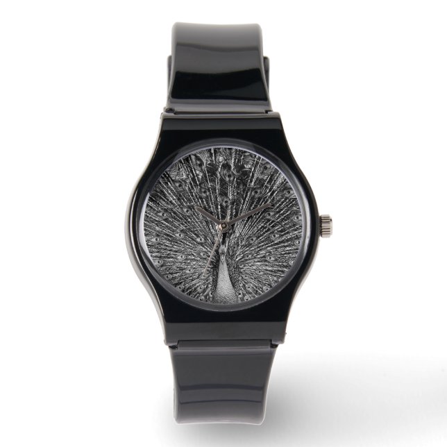 Svart och vit påfågel armbandsur (Framsida)