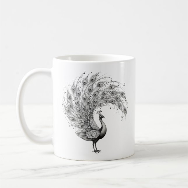 Svart och vit påfågel kaffemugg (Vänster)