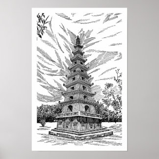 Svart och vit Pagodtorn Linje Konst Skiss - Båge Poster