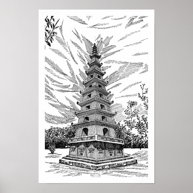 Svart och vit Pagodtorn Linje Konst Skiss - Båge Poster (Framsidan)