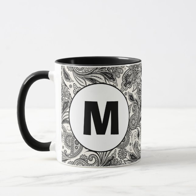 Svart och vit paisleymonogram mugg (Vänster)