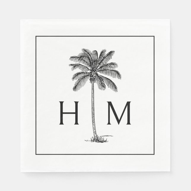Svart och vit palm palmetto träd monogram pappersservett (Framsidan)