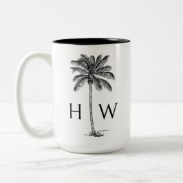 Svart och vit palm palmetto träd monogram Två-Tonad mugg