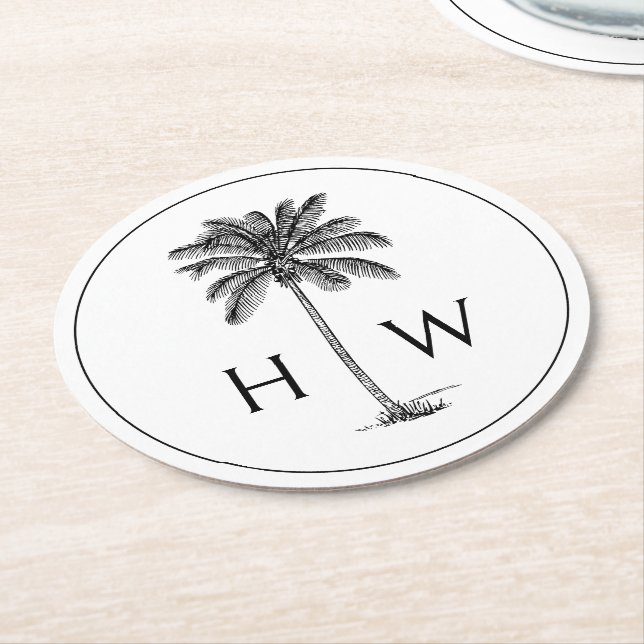 Svart och Vit Palm Palmetto Träd Monogram Underlägg Papper Rund (Vinklad)