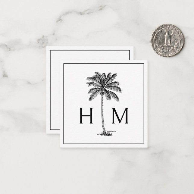 Svart och vit palm-palmetto-trädmonogram anteckningskort (Fram/Back In Situ)