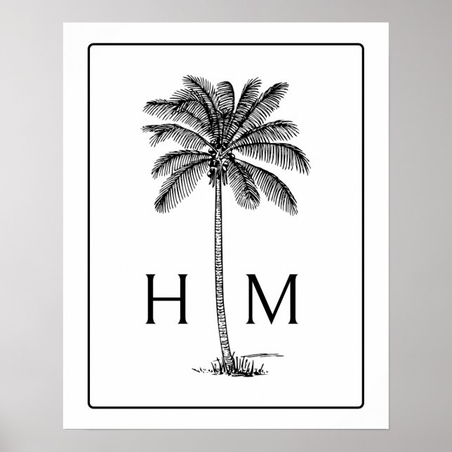 Svart och vit palmpalmettoträdmonogram poster (Framsidan)