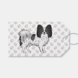 Svart och vit Papillon Cartoon Hund Med Tassar Presentetikett