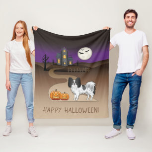 Svart och vit Papillon & Halloween Spökhus Fleecefilt
