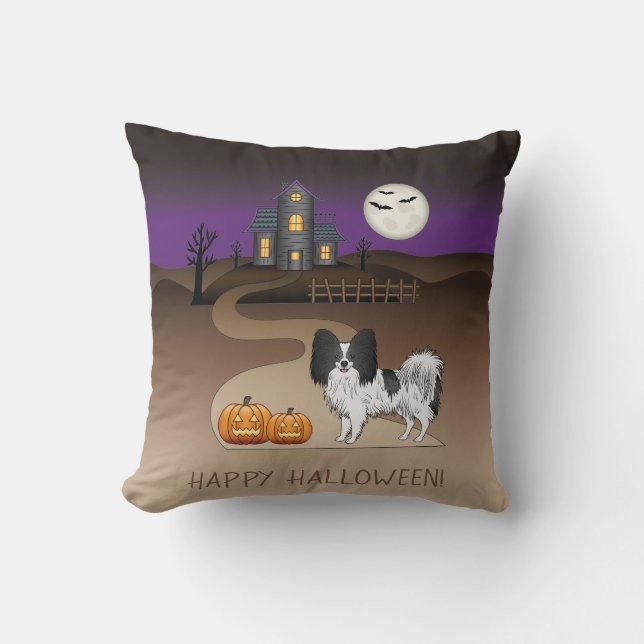 Svart Och Vit Papillon & Halloween Spökhus Kudde (Framsida)