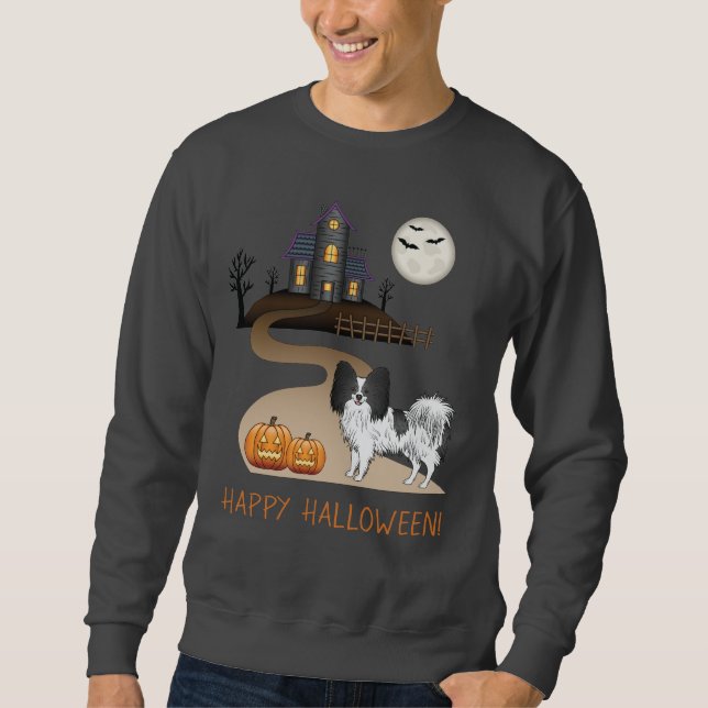 Svart Och Vit Papillon & Halloween Spökhus Lång Ärmad Tröja (Framsida)
