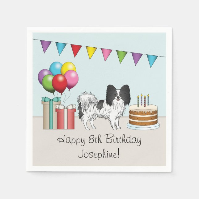 Svart Och Vit Papillon Hund Färgrik Födelsedag Pappersservett (Framsidan)