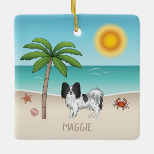 Svart Och Vit Papillon Hund Tropisk Sommar Strand Julgransprydnad Keramik