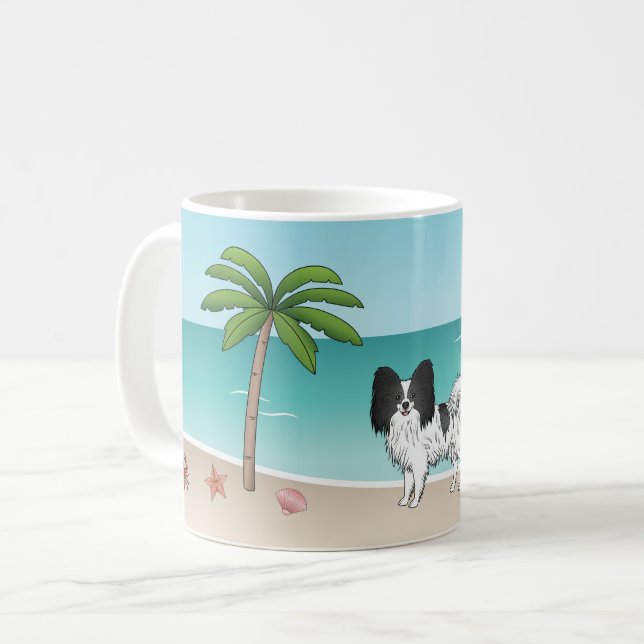 Svart Och Vit Papillon Hund Tropisk Sommarstrand Kaffemugg (Framsida vänster)