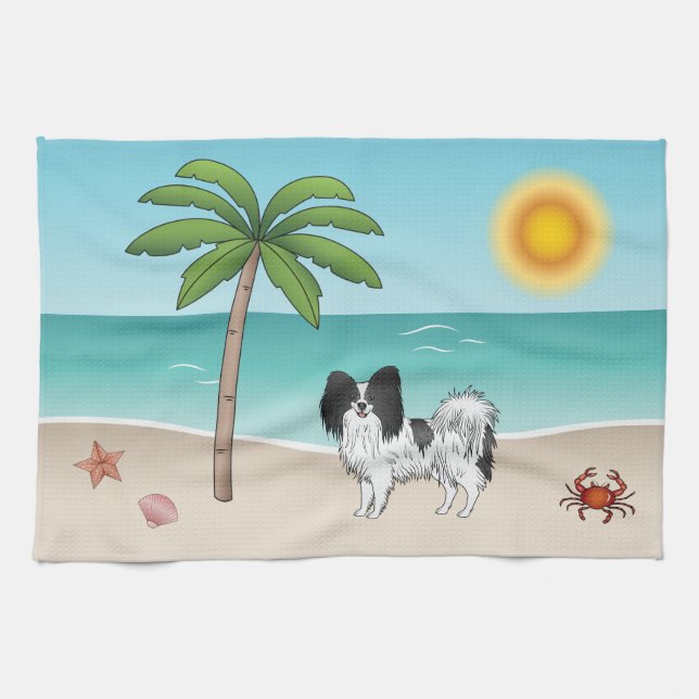 Svart Och Vit Papillon Hund Tropisk Sommarstrand Kökshandduk (Horisontell)