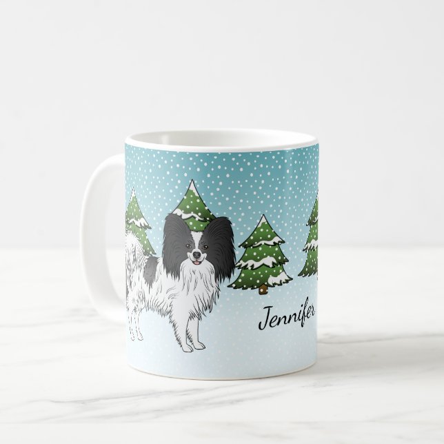 Svart Och Vit Papillon Söt Hund I Vinter Skog Kaffemugg (Framsida vänster)