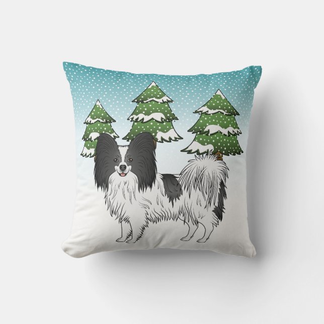 Svart Och Vit Papillon Söt Hund I Vinter Skog Kudde (Framsida)