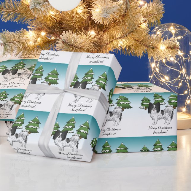 Svart Och Vit Papillon Söt Hund I Vinter Skog Presentpapper (Helgdagar)