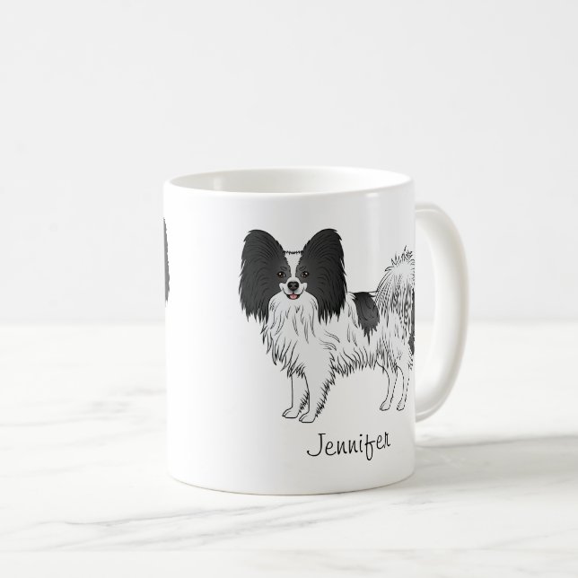 Svart Och Vit Papillon Söt Hund Med Anpassat Namn Kaffemugg (Framsida höger)